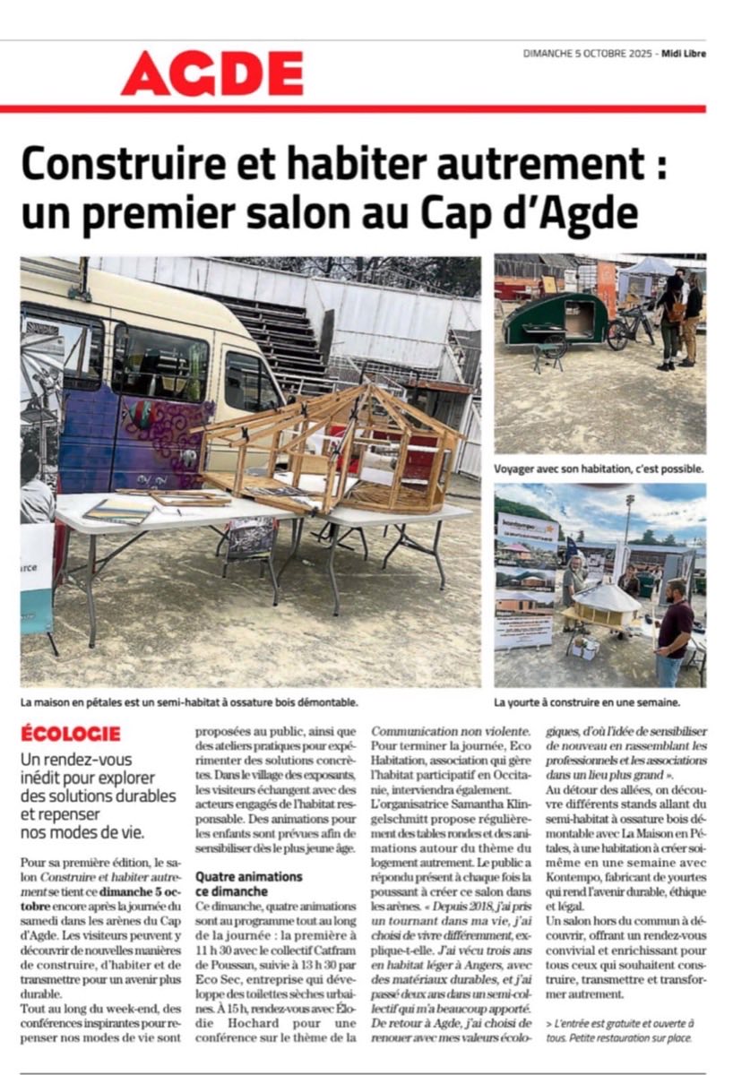 Article Midi Libre du 5 octobre 2025, Construire et habiter autrement : un premier salon au Cap d'Agde